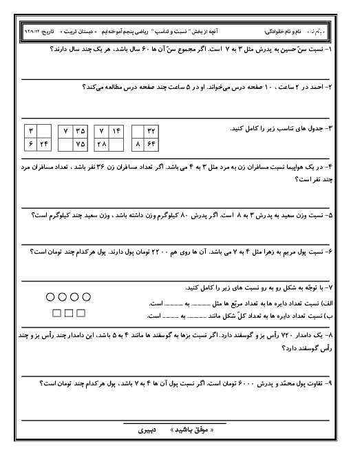 آزمون فصل3 ریاضی پنجم دبستان| نسبت و تناسب