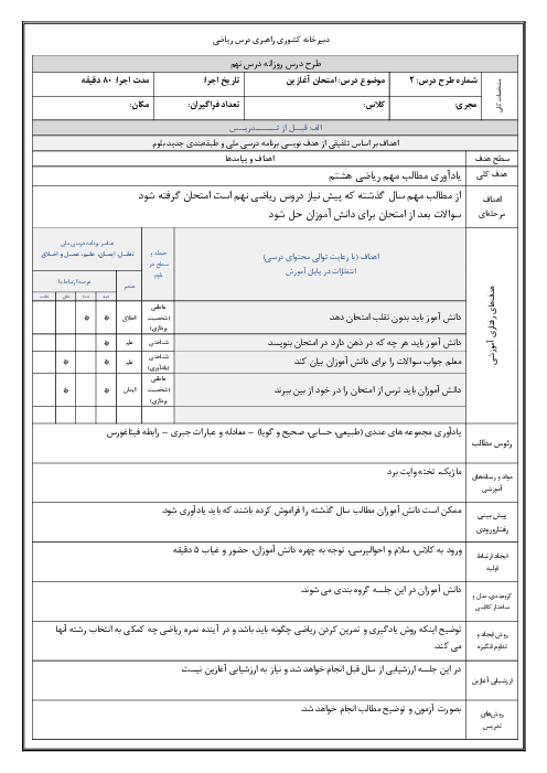 طرح درس جلسه دوم: امتحان ارزیابی دانش پیش نیاز | ریاضی نهم