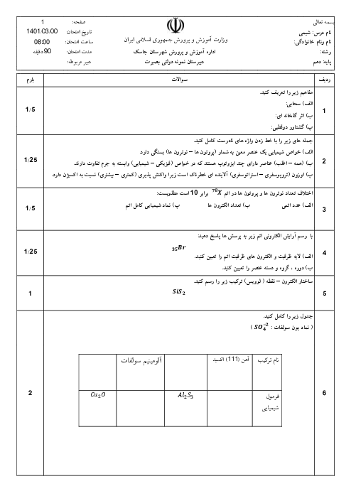 سوالات آزمون آمادگی نوبت دوم شیمی (1) دهم دبیرستان بصیرت | خرداد 1401