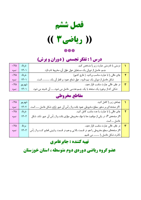 سئوالات موضوعی نهایی فصل ششم ریاضی3 رشته‌ی علوم تجربی