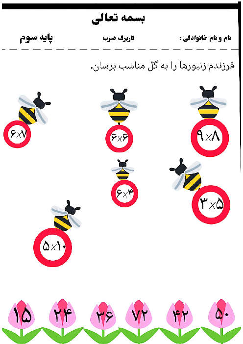 کاربرگ ضرب عددهای یک رقمی | ریاضی سوم دبستان الفبای دانایی