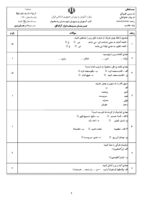  آزمون درس آموزش قرآن پایه هفتم دبیرستان آزادگان - شهریور ماه 1396