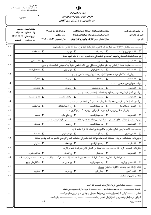 نمونه سوال امتحان پودمان 3: طراحی کسب و کار | درس کارگاه نوآوری و کارآفرینی هنرستان غیرانتفاعی دماوند