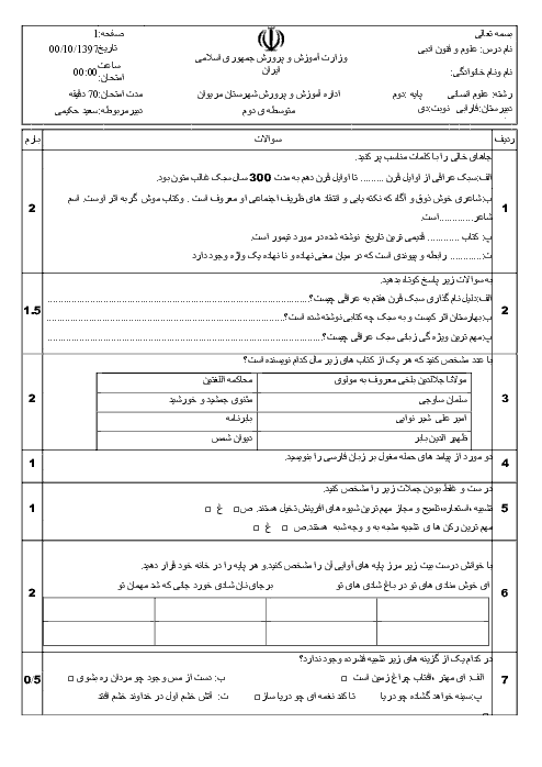 آزمون نوبت اول علوم و فنون ادبی یازدهم دبیرستان عفت مریوان | دی 1397 + پاسخ