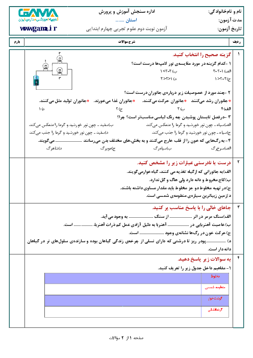 آزمون نوبت دوم علوم تجربی چهارم دبستان جامی | پیشنهادی اردیبهشت 97