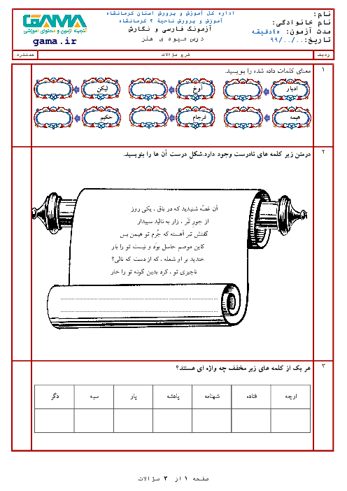 آزمونک فارسی و نگارش ششم دبستان امید انقلاب | درس 15: میوه‌ی هنر