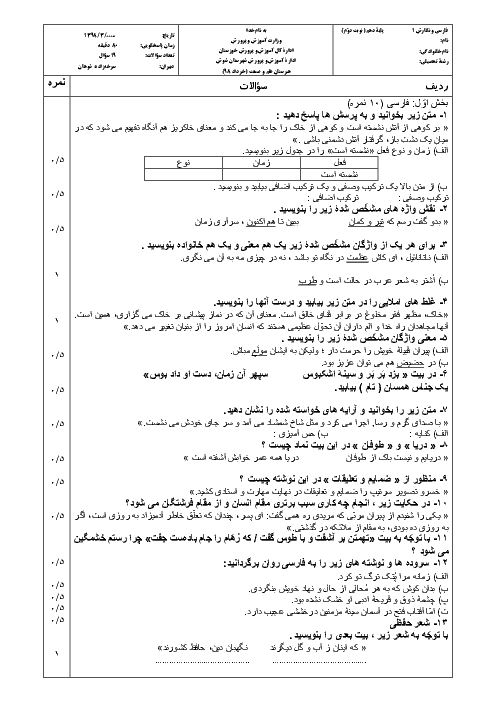 آزمون نوبت دوم فارسی و نگارش (1) دهم هنرستان علم و صنعت | خرداد 1398