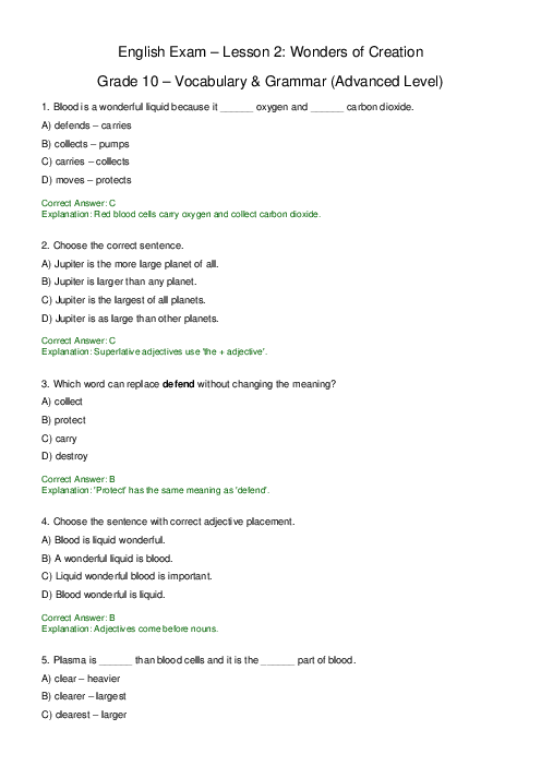 تست  واژگان و گرامر درس 2 زبان دهم