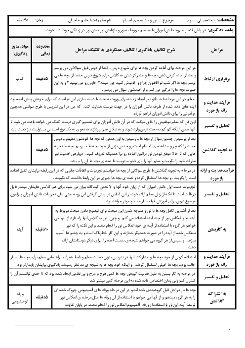 طرح درس بر اساس فرم جیم | درس 7: نور و بازتابش نور