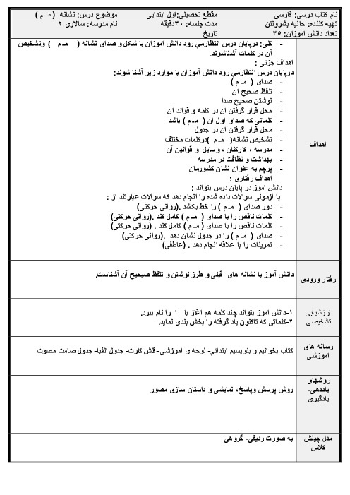 طرح درس نشانه مـ م | فارسی اول دبستان