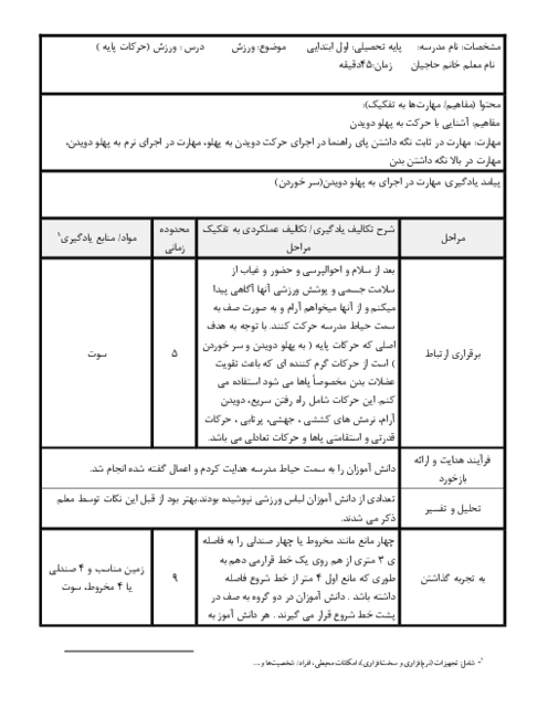 طرح درس فرم جیم تربیت بدنی | حرکت به پهلو دویدن