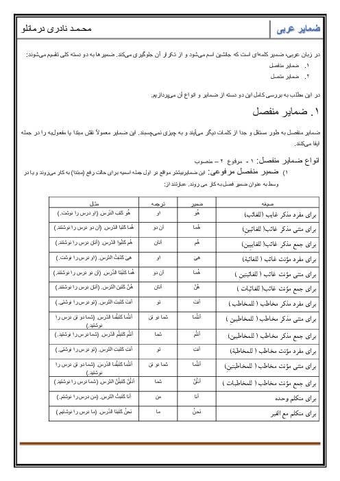ضمایر منفصل مرفوعی و منصوبی و ضمایر متصل منصوبی و مجروری