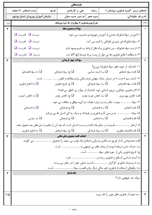 امتحان کتبی کاربرد فناوری‌های نوین یازدهم هنرستان | پودمان 1: ‌سواد فناورانه