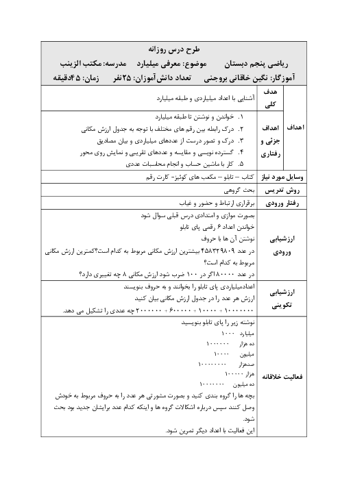 طرح درس روزانه فصل اول ریاضی پنجم | درس 2: معرفی میلیارد