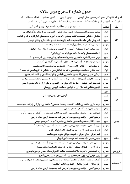 طرح درس سالانه فارسی هشتم