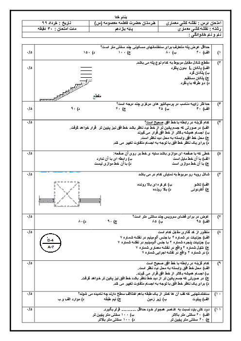 آزمون تستی نوبت دوم نقشه کشی معماری یازدهم هنرستان حضرت فاطمه معصومه (ع) | خرداد 1399