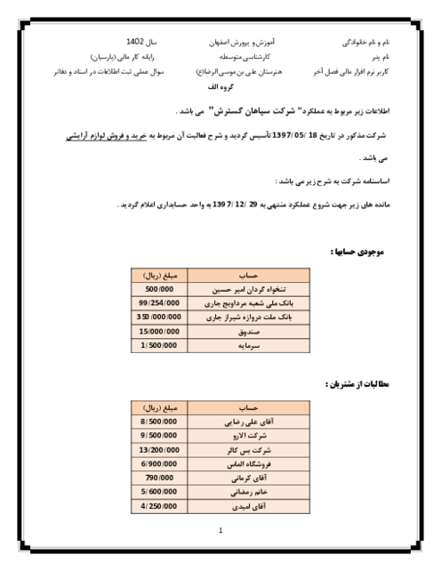 دو سری آزمون عملی فصل آخر: ثبت اطلاعات مالی در نرم افزار پارسیان | کاربر نرم افزار مالی پایه دهم حسابداری