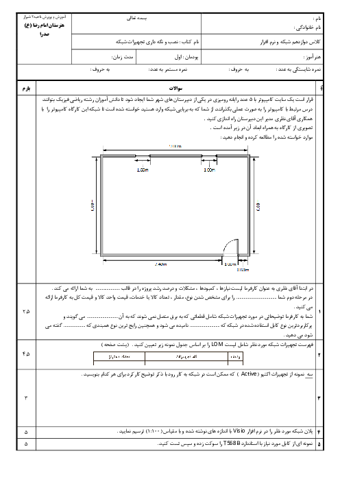 نمونه سوال امتحانی پودمان 1: نصب تجهیزات شبکه