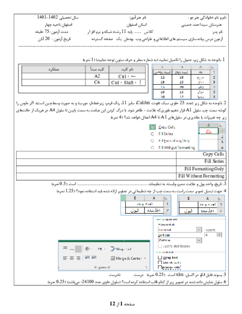  دو سری امتحان پودمان 1: نرم افزار Excel | درس پیاده سازی سیستم های اطلاعاتی و طراحی وب