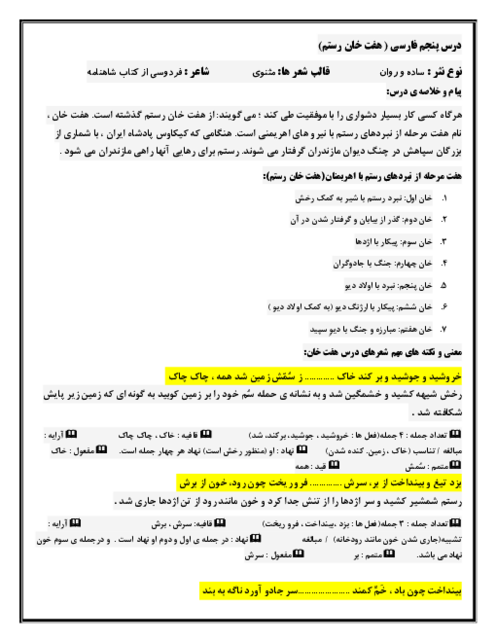 درسنامه فارسی ششم | درس 5: هفت خان رستم