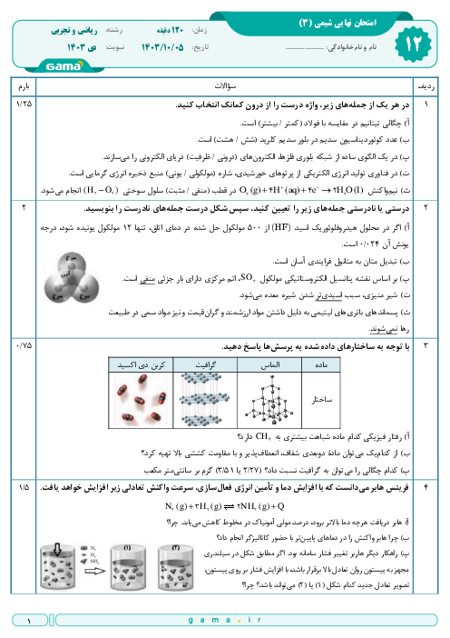 امتحان نهایی شیمی (3) پایه دوازدهم ریاضی و تجربی | جبرانی دی 1403