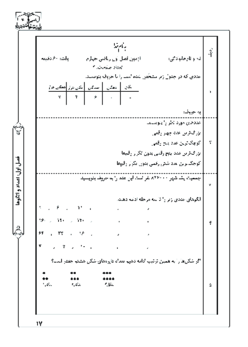 آزمونک ریاضی چهارم دبستان | فصل 1: اعداد و الگوها