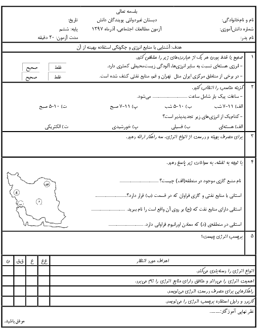 آزمونک مطالعات اجتماعی ششم دبستان پویندگان دانش | فصل 4: ایران و منابع انرژی