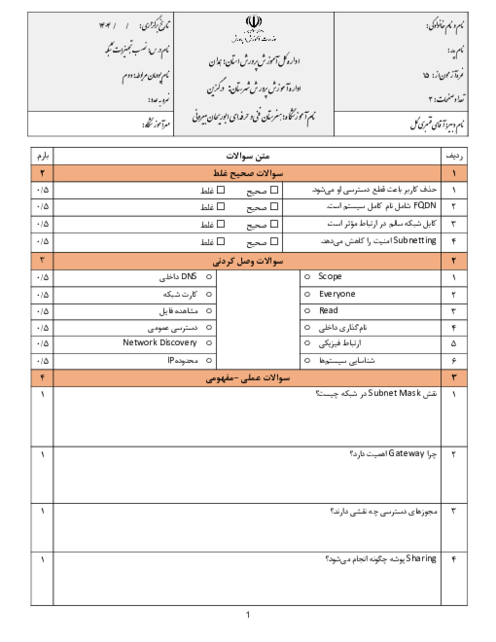 آزمون پودمان 2 نصب و نگهداری دوازدهم شبکه؛ راه اندازی شبکه
