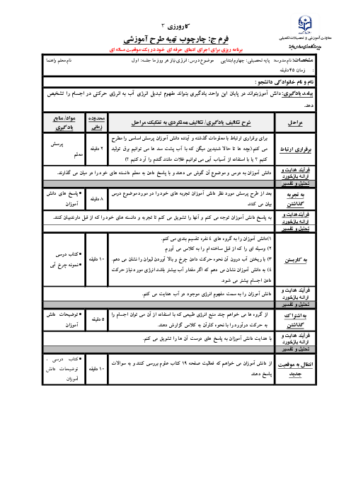 طرح درس فرم ج درس 3: انرژی، نیاز هر روز ما | علوم چهارم دبستان