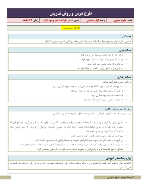 طرح درس و روش تدریس علوم پایه‌ی اول | درس 10: در اطراف ما هوا وجود دارد