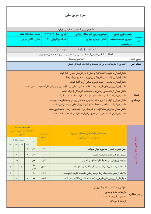 طرح درس روزانه فارسی چهارم دبستان | درس 1: آفریدگار زیبایی