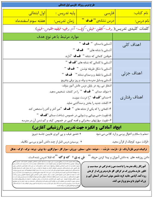 طرح درس روزانه فارسی اول دبستان | درس 11: نشانه‌ی  فـ ف 