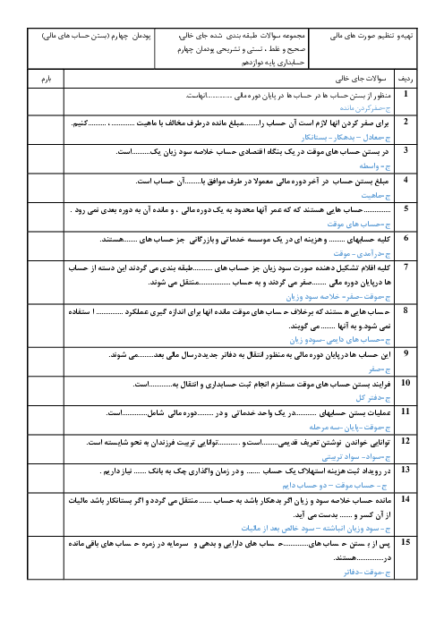 سؤالات طبقه‌بندی شده  و تئوری حسابداری تهیه و تنظیم صورت‌های مالی دوازدهم با پاسخ در متن | پودمان 4: بستن حساب‌های مالی