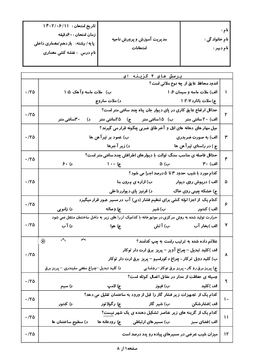 سوالات امتحان نوبت شهریور 1402 نقشه کش معماری هنرستان قدس