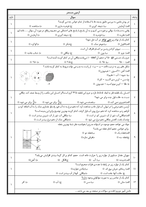 آزمون چهارگزینه ای فصل 1 تا 4 علوم تجربی هفتم مدرسه شهید بهشتی