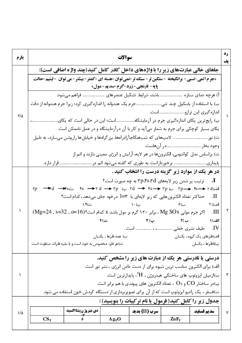 آزمون فصل اول شیمی دهم دبیرستان آقا نجفی