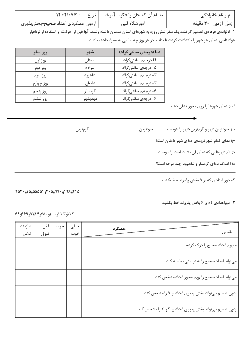 آزمون عملکردی اعداد صحیح و بخش‌پذیری ریاضی ششم