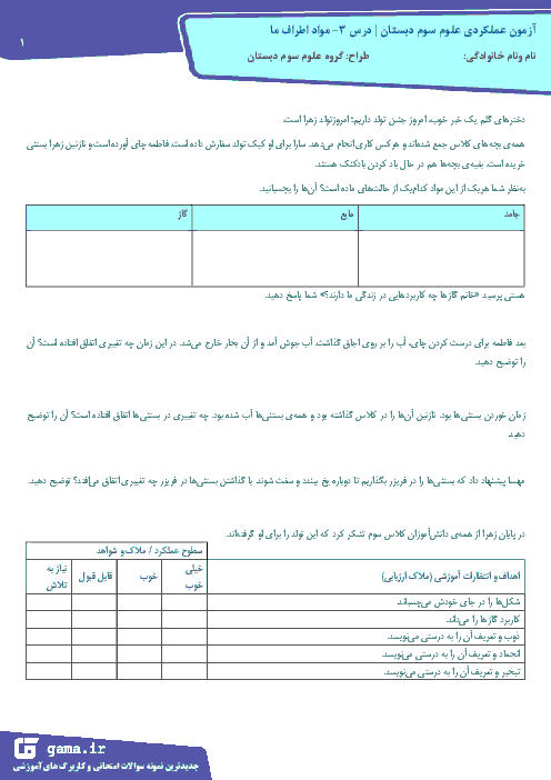 آزمون عملکردی علوم تجربی سوم  دبستان | تبدیل های حالت مواد