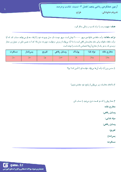 آزمون عملکردی ریاضی پنجم دبستان | فصل 3: نسبت، تناسب و درصد (درصد مخارج زندگی یک خانواده)