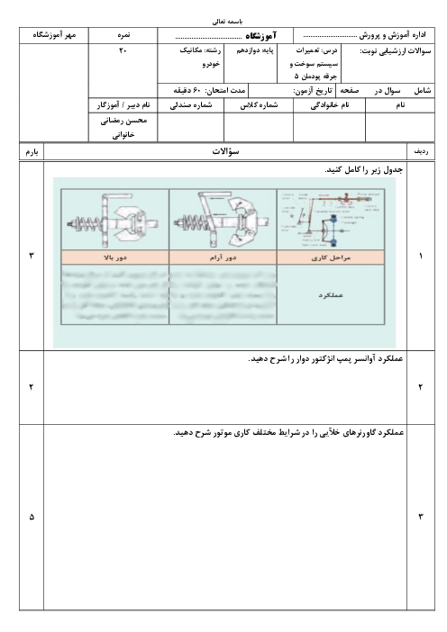 امتحان پودمان 5: تعمیرکار خودروی دیزل | درس تعمیرات سیستم سوخت و جرقه رشته مکانیک خودرو