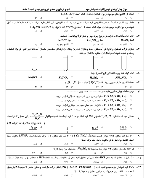 50 سوال چهارگزینه ای آمادگی کنکور سراسری شیمی دهم  | فصل 3: آب، آهنگ زندگی