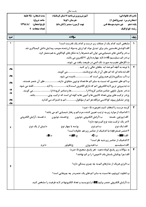 سوالات امتحان شیمی دهم فنی هنرستان کوشا | فصل 1: ساختار اتم و مفاهیم پایه شیمی