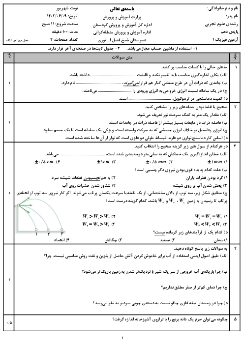 امتحان نوبت شهریور 1402 فیزیک 1 دهم تجربی