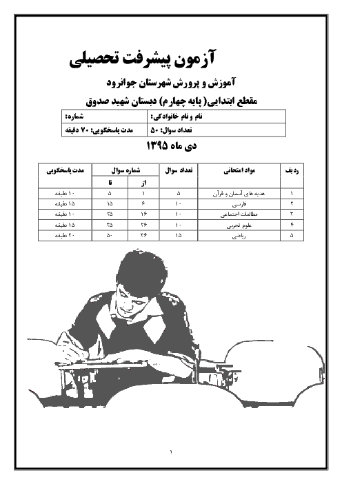آزمون پیشرفت تحصیلی چهارم دبستان شهید صدوق جوانرود | دی 95