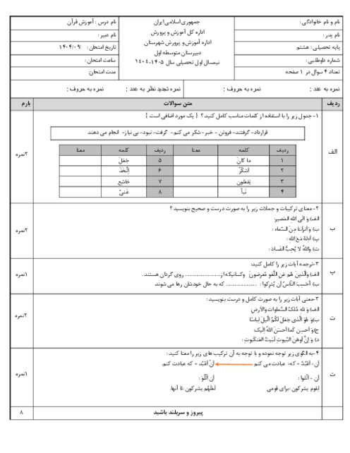 ارزشیابی درس 1 تا 6 قرآن هشتم