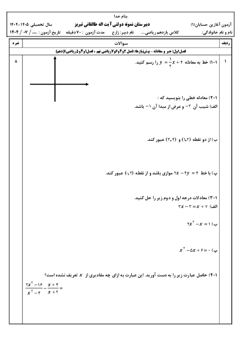 آزمون آغازین حسابان یازدهم