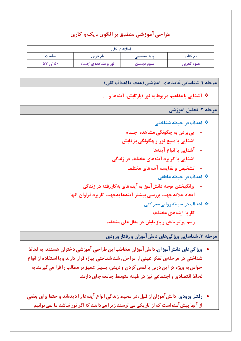 طراحی آموزشی علوم تجربی سوم دبستان منطبق بر الگوی دیک و کاری | درس 7: نور و مشاهده‌ی اجسام