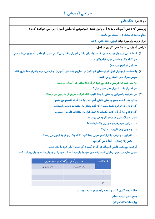 طراحی آموزشی درس 1 علوم پنجم: زنگ علوم