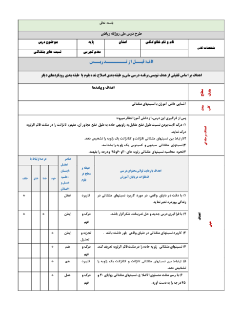 طرح درس ملی ریاضی دهم: نسبت‌های مثلثاتی 