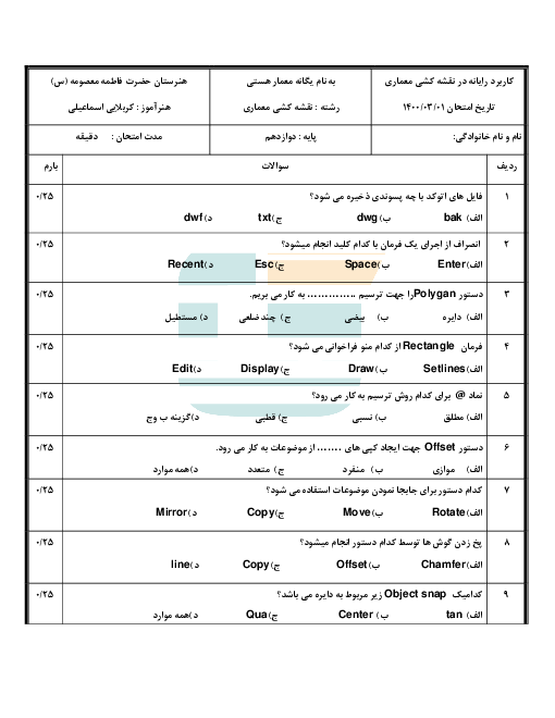 آزمون تئوری نوبت دوم کاربرد رایانه در نقشه کشی معماری دوازدهم هنرستان حضرت فاطمه معصومه (ع) | خرداد 1400